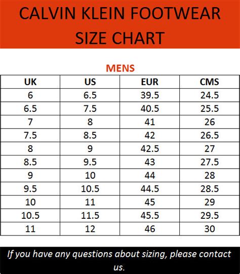 calvin klein shoe size chart.